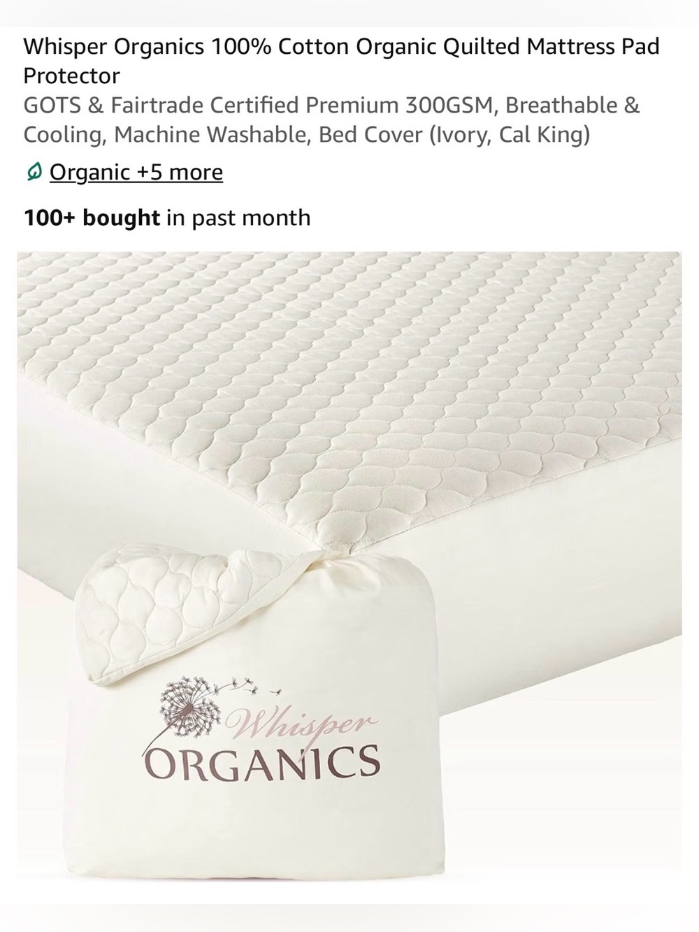 Whisper Organics California King Ivory Quilted Mattress Pad Protector
